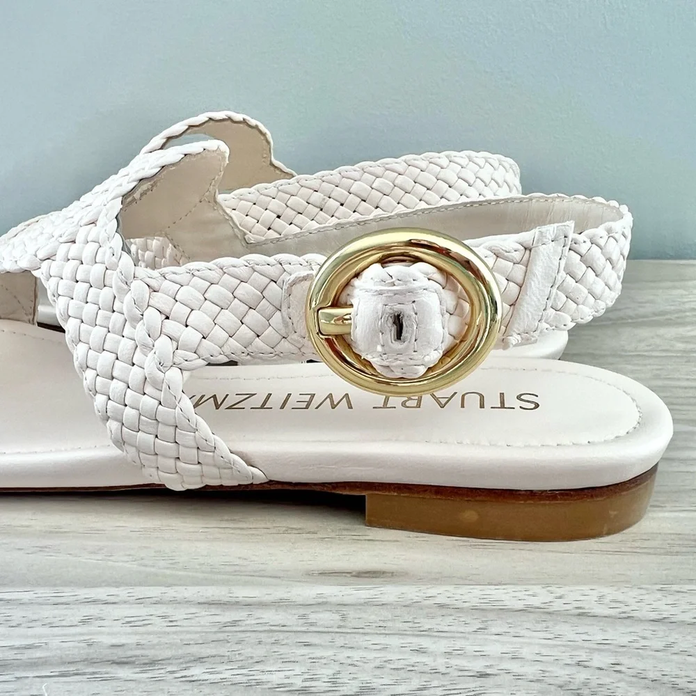 Stuart Weitzman Wovette Leather Flat Sandal | Cream Ivory | Size 7